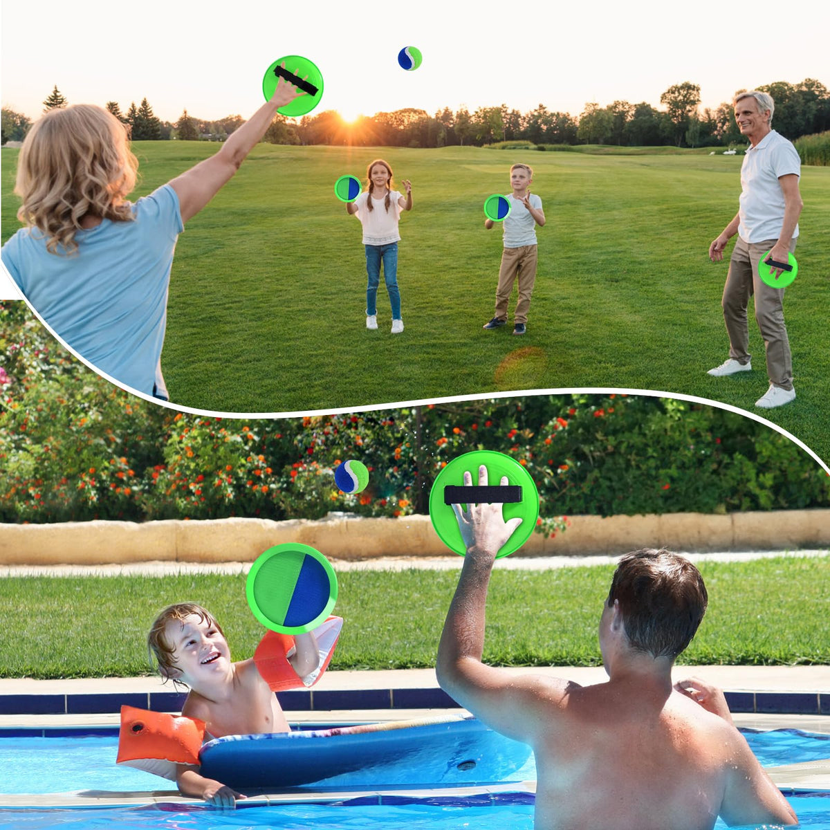 Kids hands holding the eight inch green Everich Toy toss and catch paddles.