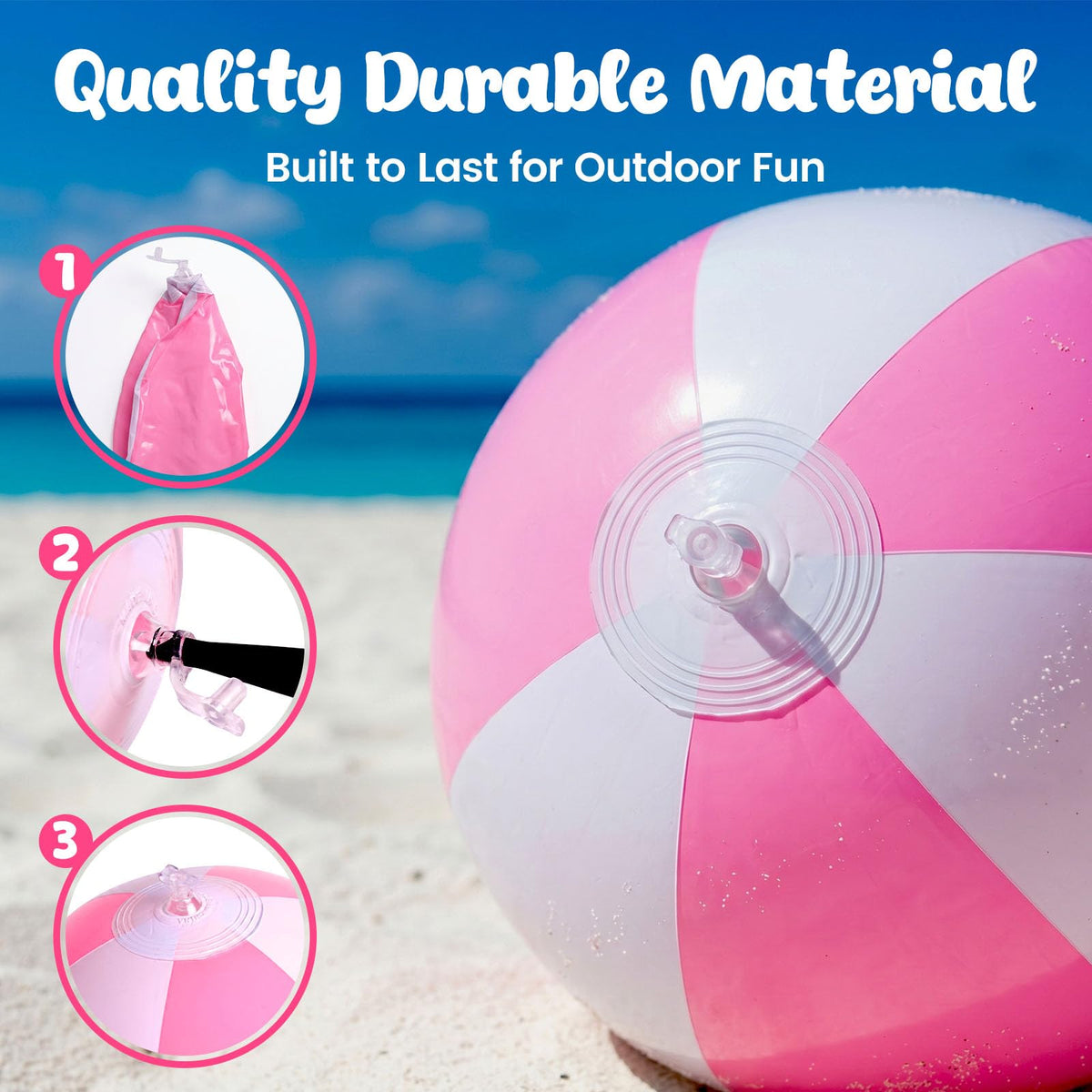 Close up view of the secure inflation valve on a FuturePlusX pink and white water play toy.