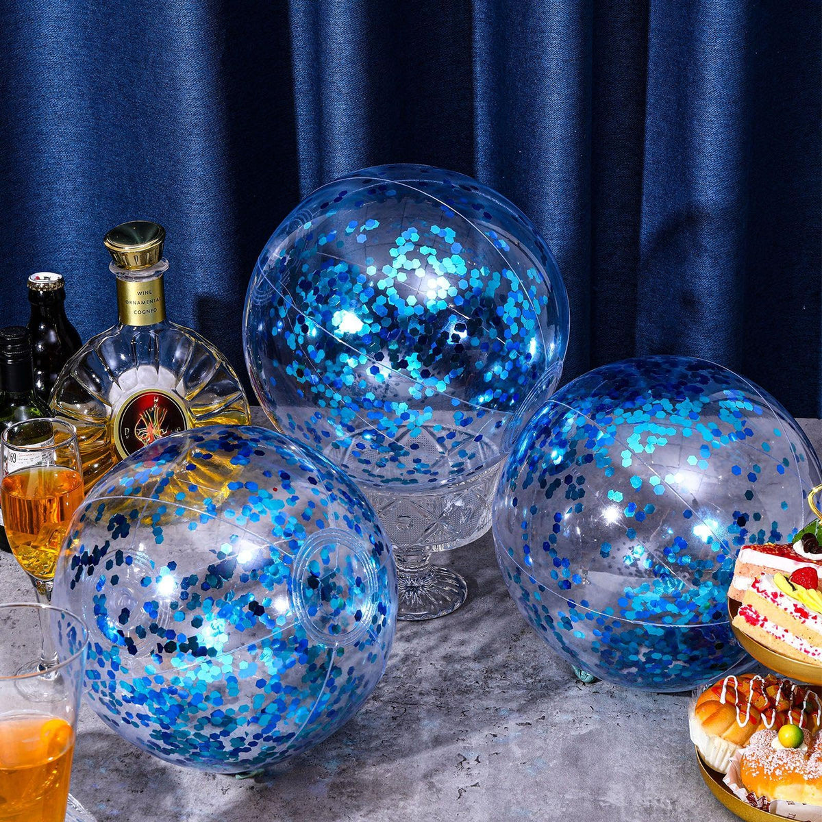 Bulk pack of twenty pieces inflatable clear pool balls filled with shiny blue confetti
