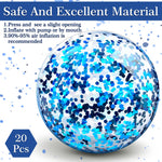 Inflated eight inch transparent summer toy ball displaying evenly scattered interior glitter