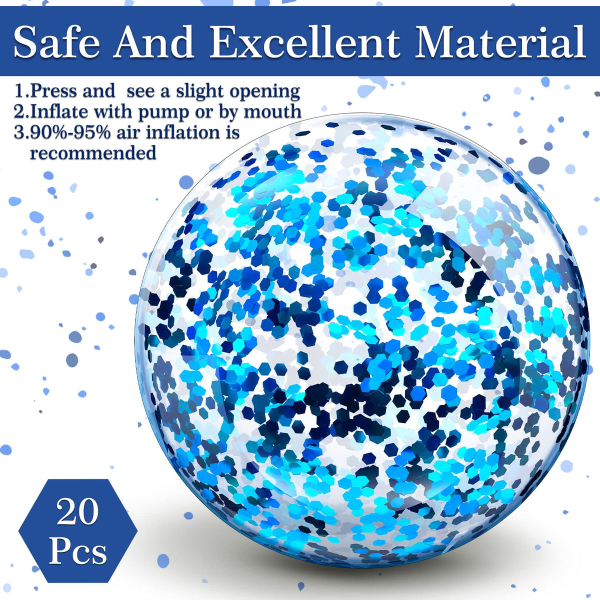Inflated eight inch transparent summer toy ball displaying evenly scattered interior glitter