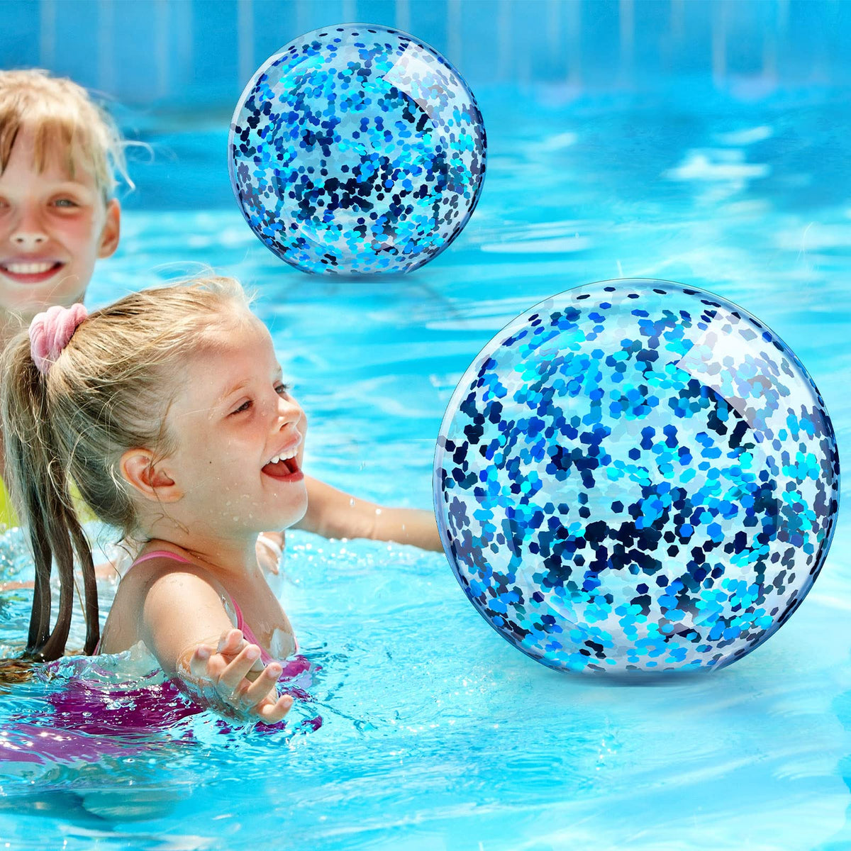 Close up of compact PVC vinyl confetti beach ball glittering under sunlight