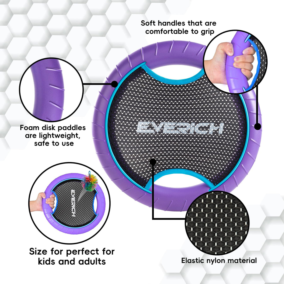 Close up view of the flexible mesh center on the bouncy trampoline disc paddle.