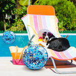 Deflated and folded mini blue sequin pool ball showing easy portability
