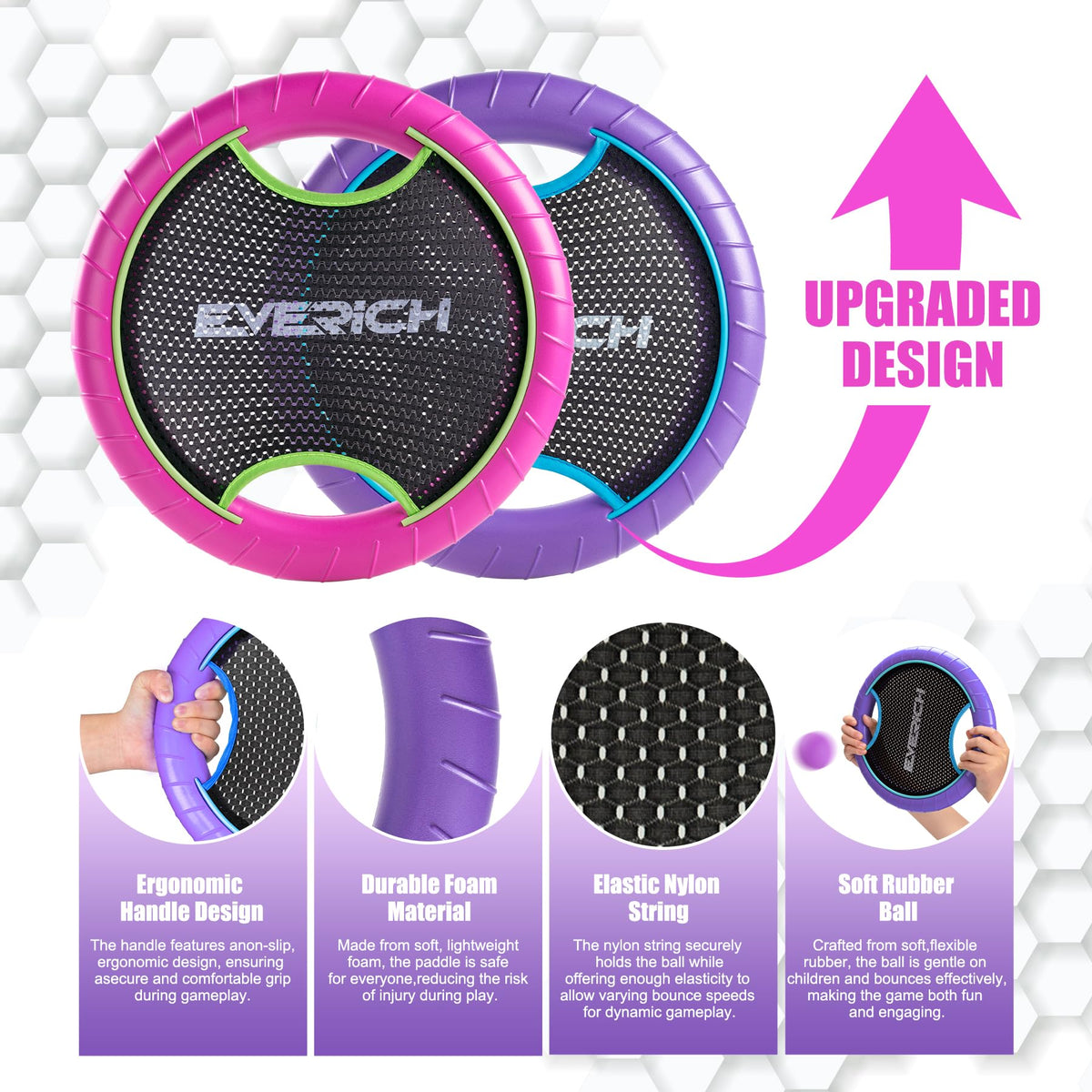 Four unique included toss balls showcasing the rubber string foam and solid variants.
