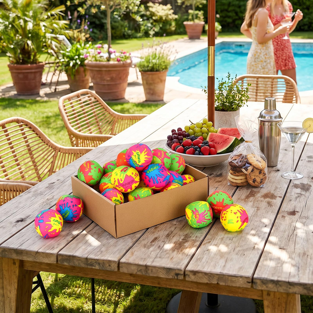 DEARIDAP foam water bomb balls floating on clear swimming pool surface