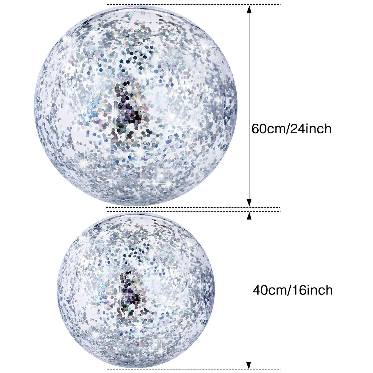 Three pieces of clear Hsei party balls floating on water with sparkling silver sequins.