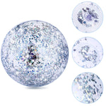 Sixteen inch silver glitter blow up disco balls being used as decorations at an outdoor party.