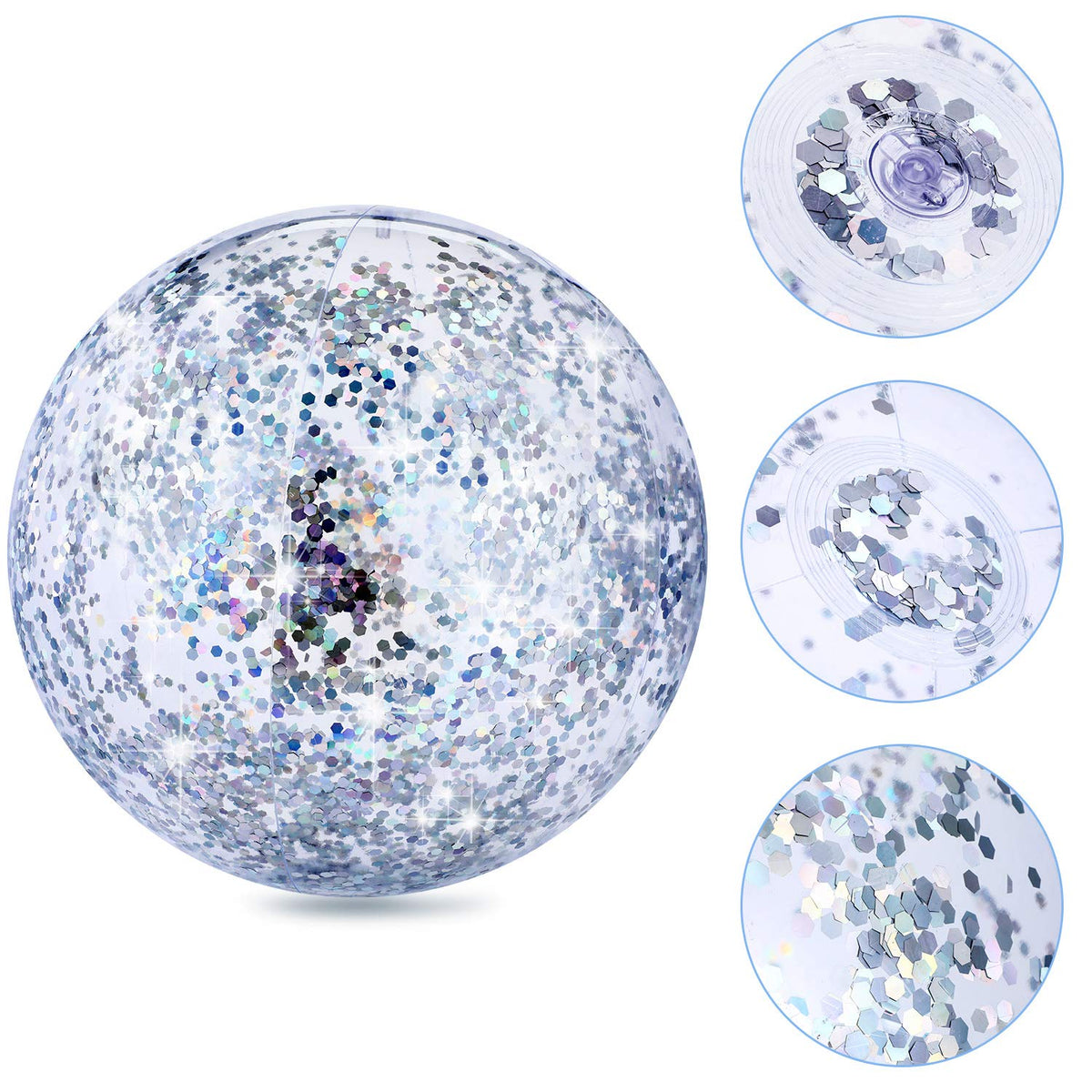Sixteen inch silver glitter blow up disco balls being used as decorations at an outdoor party.