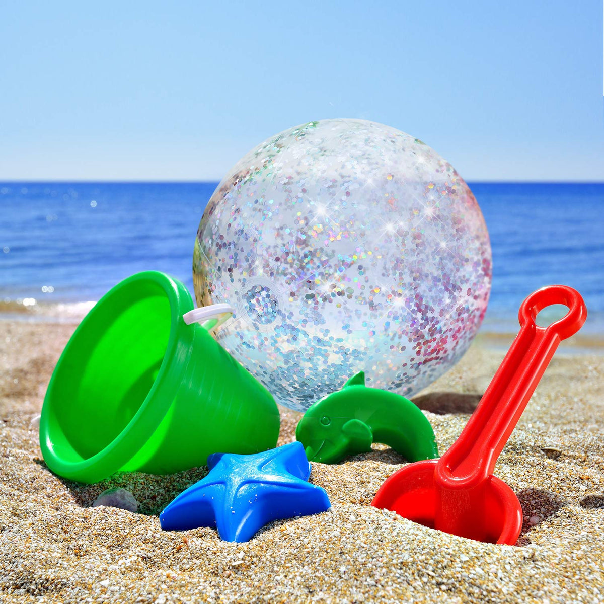 Premium Hsei brand transparent summer pool balls shimmering under bright sunlight.