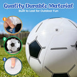 Durable PVC soccer design beach ball being inflated via the quick fill leak proof valve.