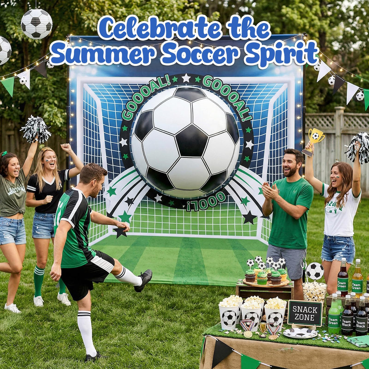AMOR PRESENT large inflatable ball used as a sports themed birthday party decoration setup.