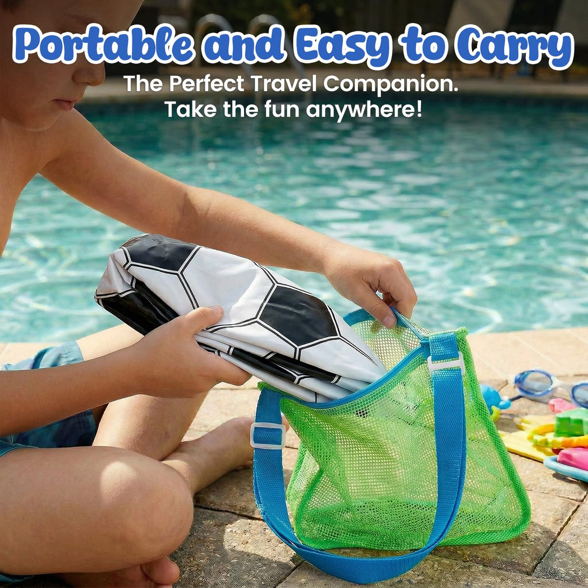 Deflated and folded lightweight PVC beach ball demonstrating easy storage and portability.
