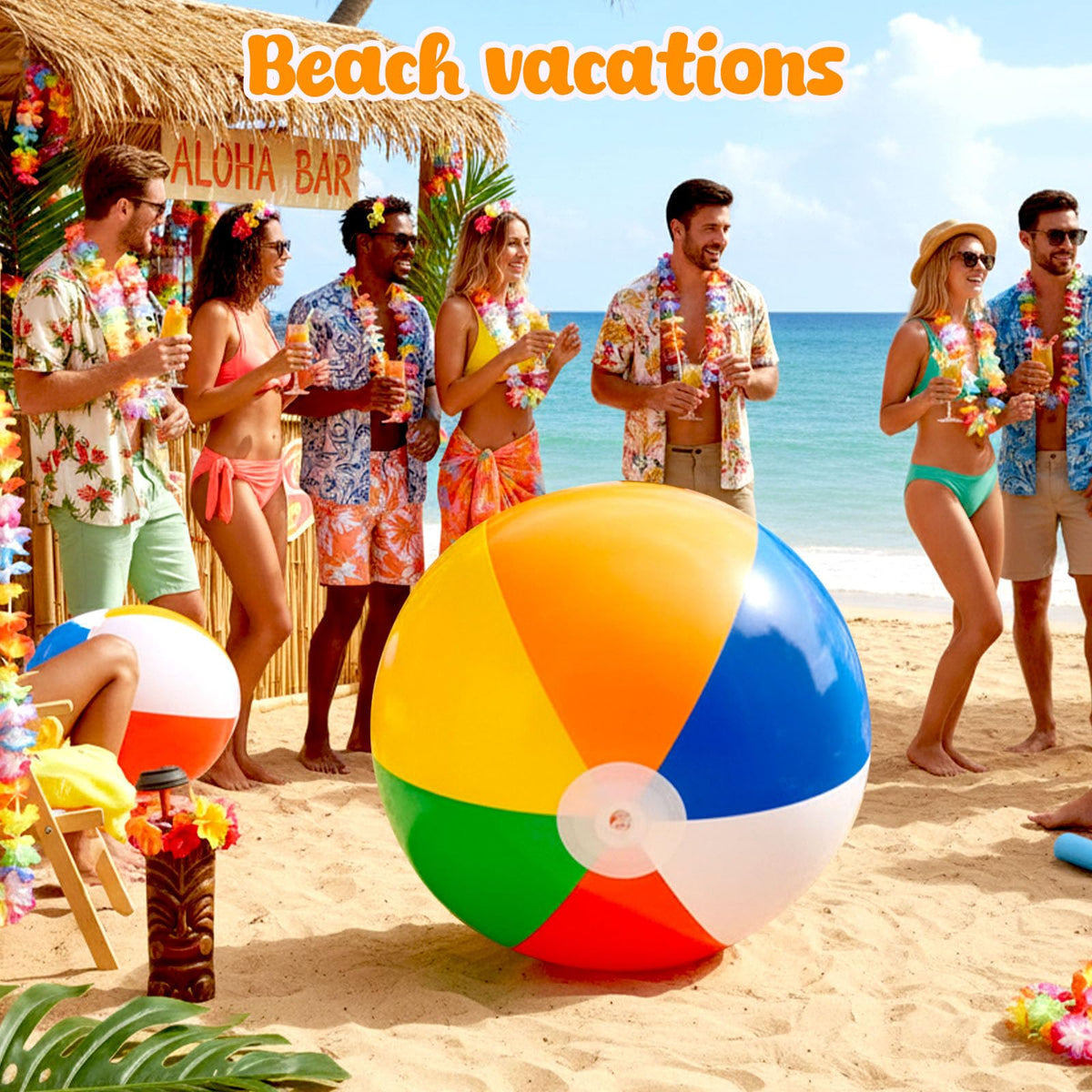 Kids and adults playing lawn games with an oversized LovesTown inflatable ball