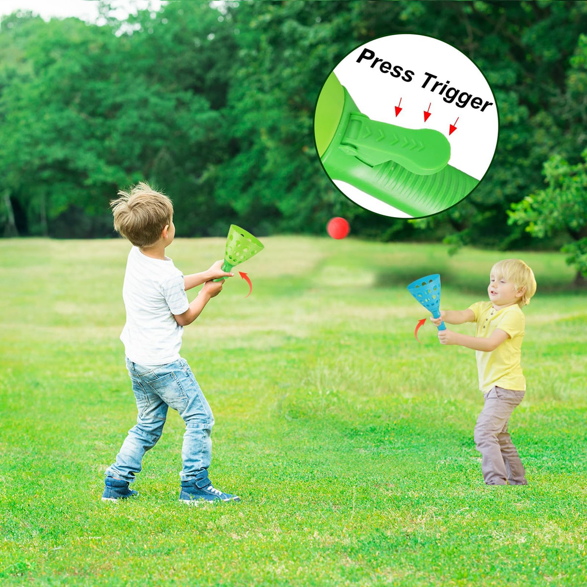 Children playing with the Duckura outdoor indoor sport toy set in a backyard lawn setting.