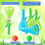Close up view of the ergonomic blue and green manual trigger launcher baskets with foam balls.