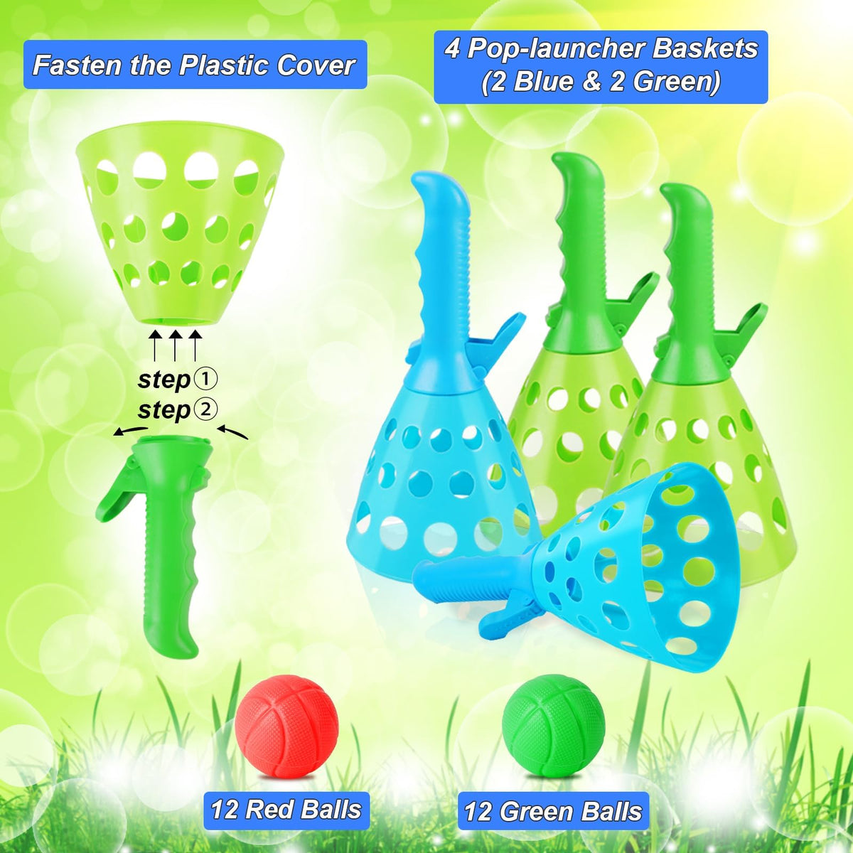Close up view of the ergonomic blue and green manual trigger launcher baskets with foam balls.