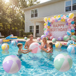 Close up of MiniInflat jumbo pastel beach balls showing high quality PVC material and white stitching.