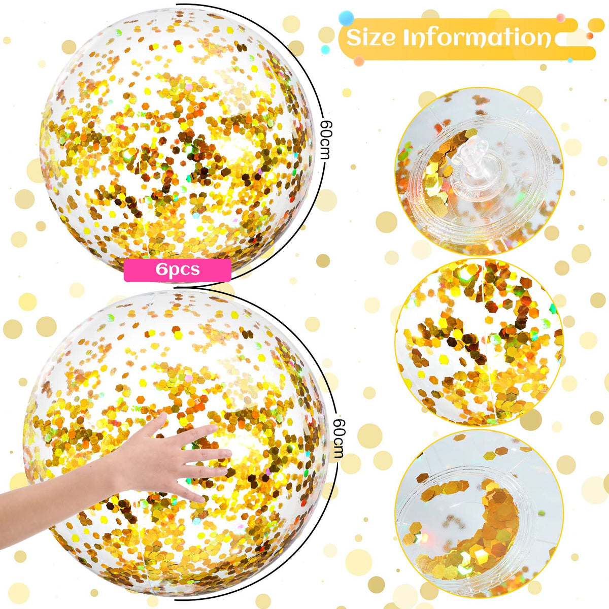 Close up of the shimmering gold holographic sequins inside the clear Civaner beach ball.