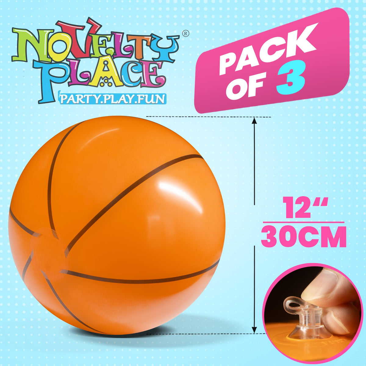 Novelty Place twelve inch floating basketball toy being inflated for summer pool games