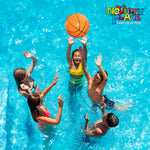 Three pack of Novelty Place sports themed inflatable beach balls floating on water