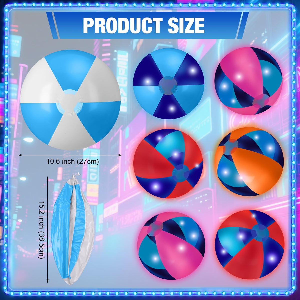 A pack of jumbo 16 inch inflatable LED balls illuminating a backyard lawn layout.