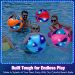 Motion activated glowing pool toys floating on water during a summer Hawaiian themed celebration.
