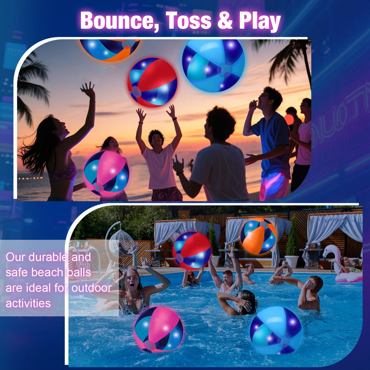 Inflation process of the reusable colorful LED beach ball using a standard pump attachment.