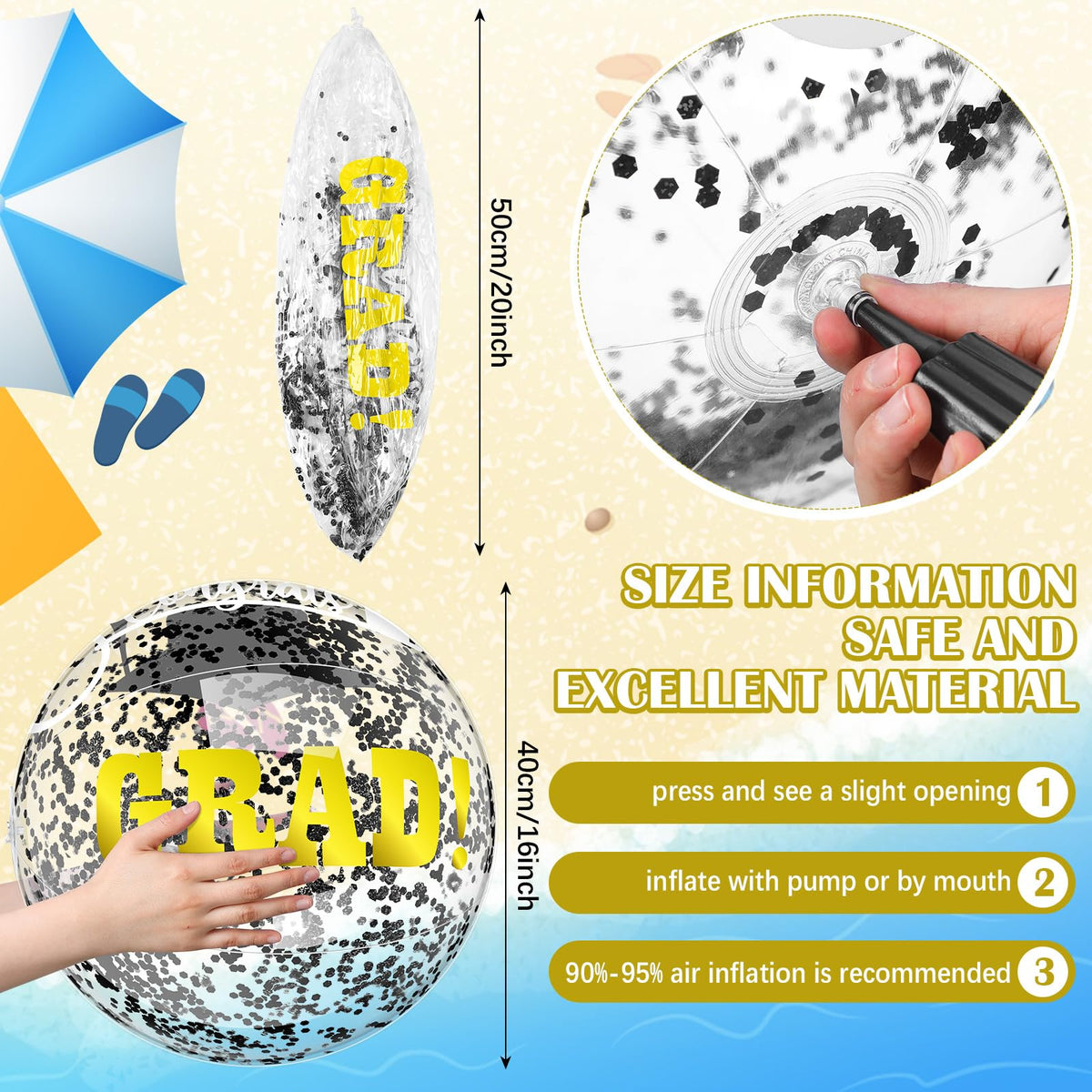 Close-up of the clear PVC graduation beach ball showing the shimmering blue confetti inside.