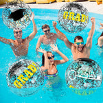 Ten pieces of blue 16-inch congrats grad pool toys inflated and floating in a swimming pool celebration setup.