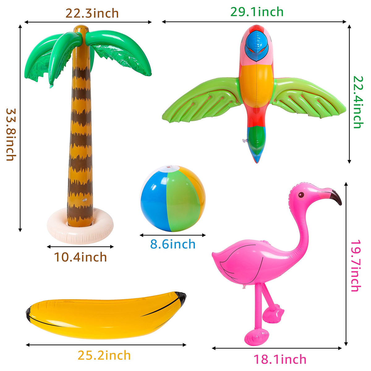 Tropical themed pool party setup featuring inflated PVC palm trees and beach balls.