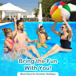 Vibrant red green yellow orange blue and white striped giant beach ball floating on water