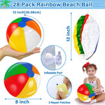 Multi colored classic inflatable rainbow pool toys scattered on backyard lawn for summer outdoor games