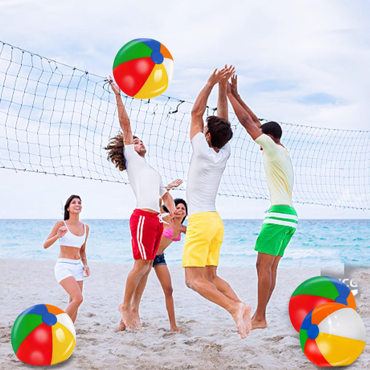 Close up view of the durable independent inflation valve on a classic rainbow paneled beach ball