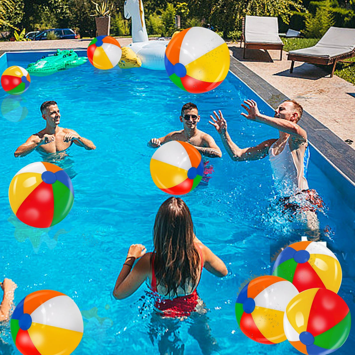 Floating colorful rainbow beach balls used as tropical outdoor decorations inside a large swimming pool
