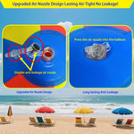 Compact folded Nujzuir inflatable ball stored next to its two vinyl plastic repair patches