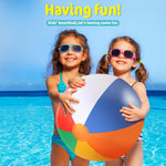 Kids and adults playing group dodgeball outdoor games with large rainbow pool balloons.