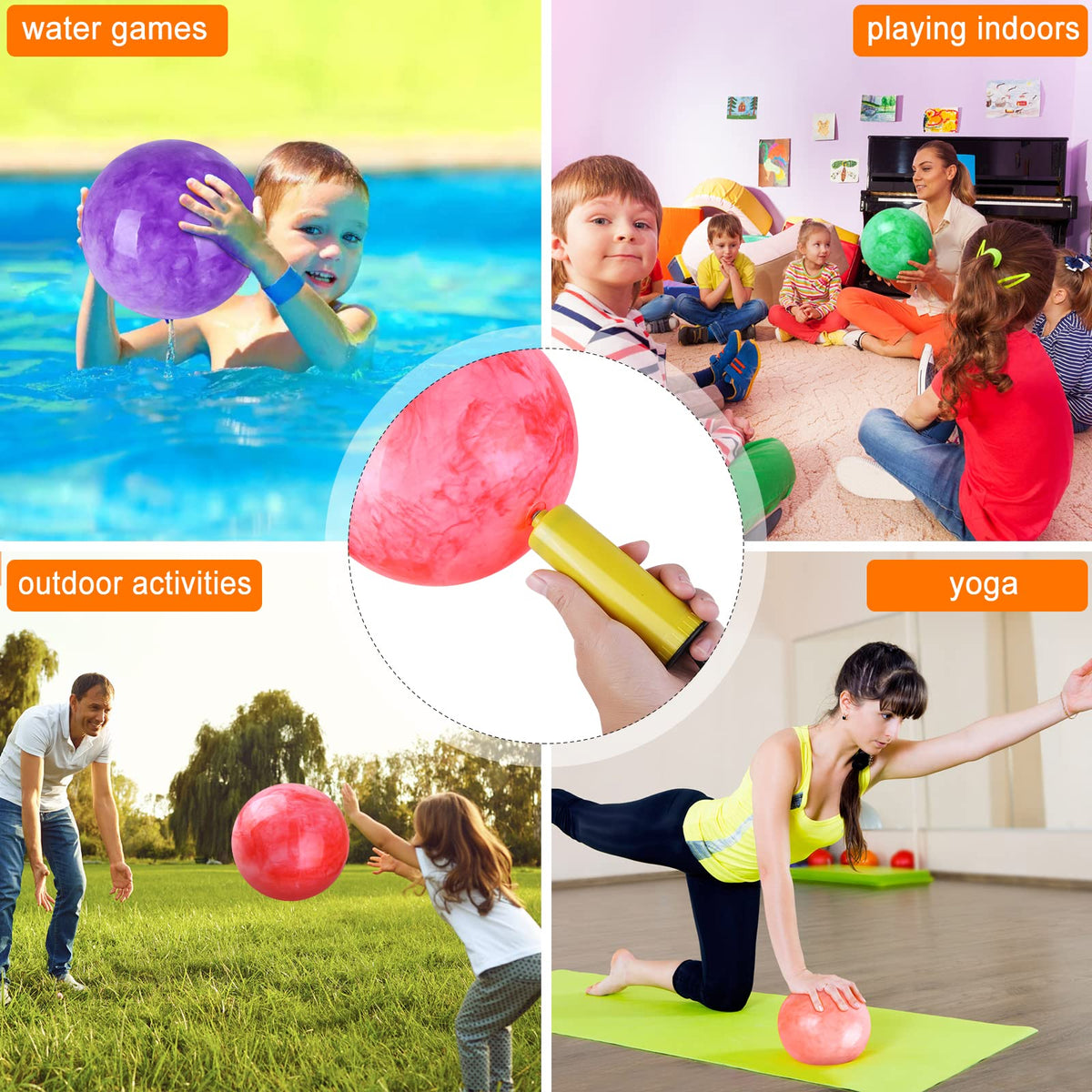Waterproof sensory balls floating on the surface of a bright outdoor swimming pool during water games.
