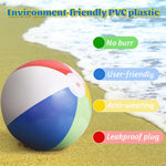 Colorful rainbow themed birthday party decorations featuring inflated premium quality PVC beach balls.