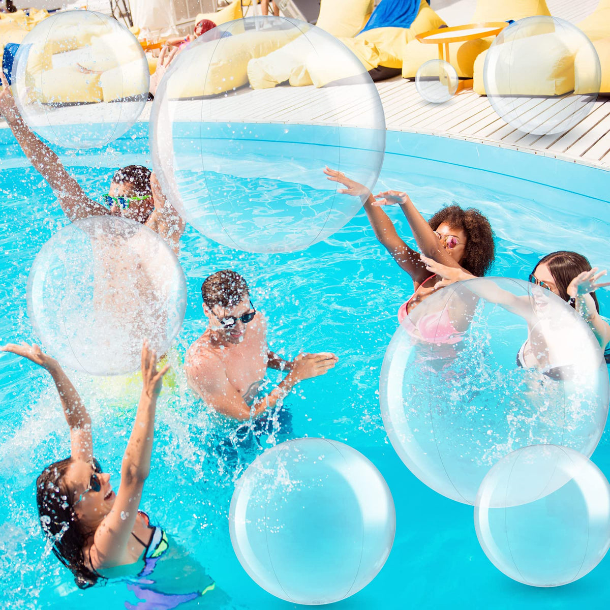 Sratte transparent pool balls floating on crystal clear water during a summer party setup