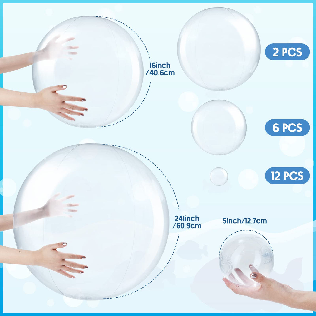 Sratte bulk pack clear PVC vinyl balls in twenty piece assortment reflecting sunlight