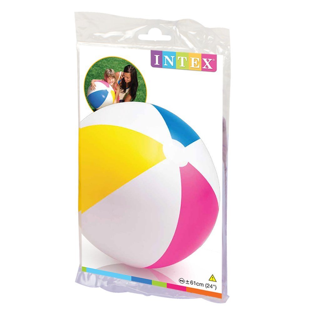Intex twenty four inch glossy panel ball floating on water in a swimming pool