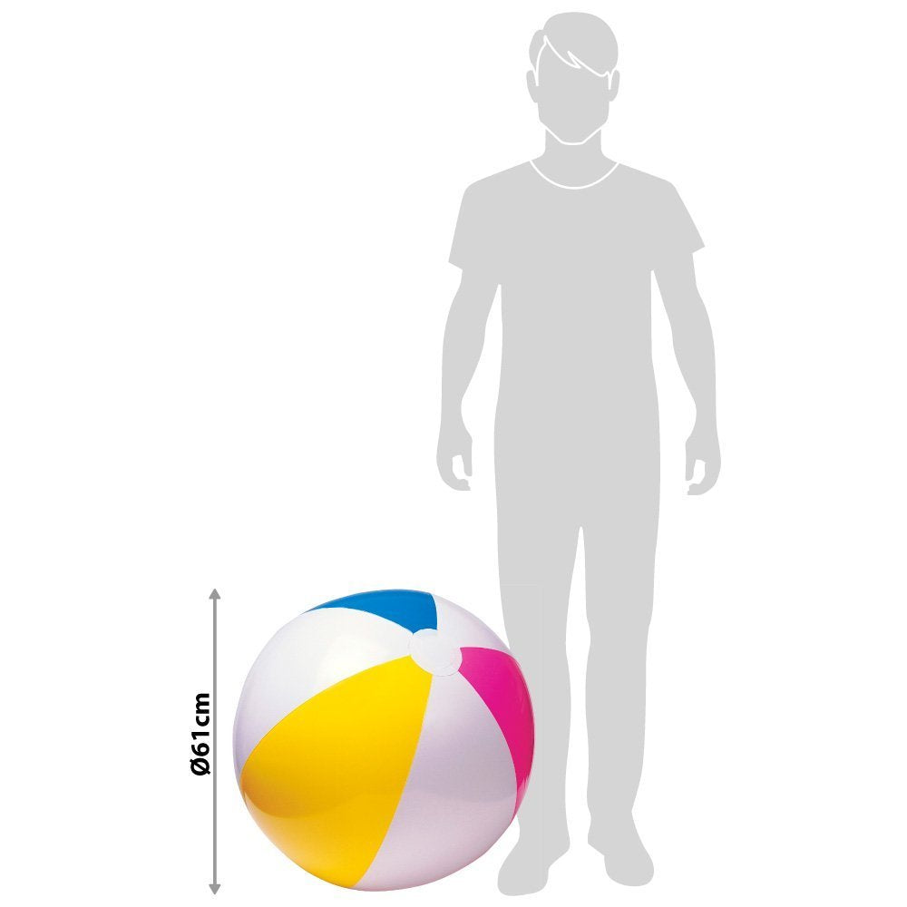 Deflated and compactly folded Intex multi color beach ball ready for travel packing