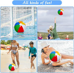 Kids throwing classic rainbow colored 12 inch beach balls during outdoor summer water games.