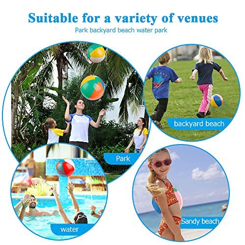 Children tossing lightweight classic rainbow beach spheres during an outdoor summer party.