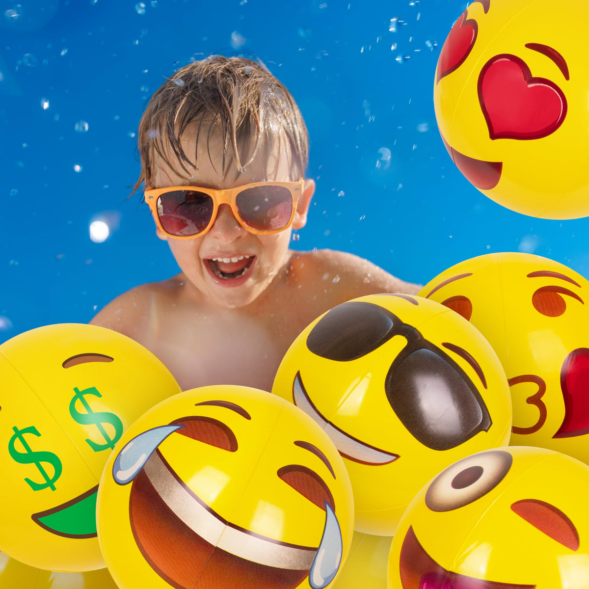 Kangaroo brand tropical theme party decorations featuring bright yellow smiley faces floating on water.