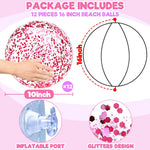 Close up of a sixteen inch transparent pink beach ball showing the internal shiny glitter confetti.
