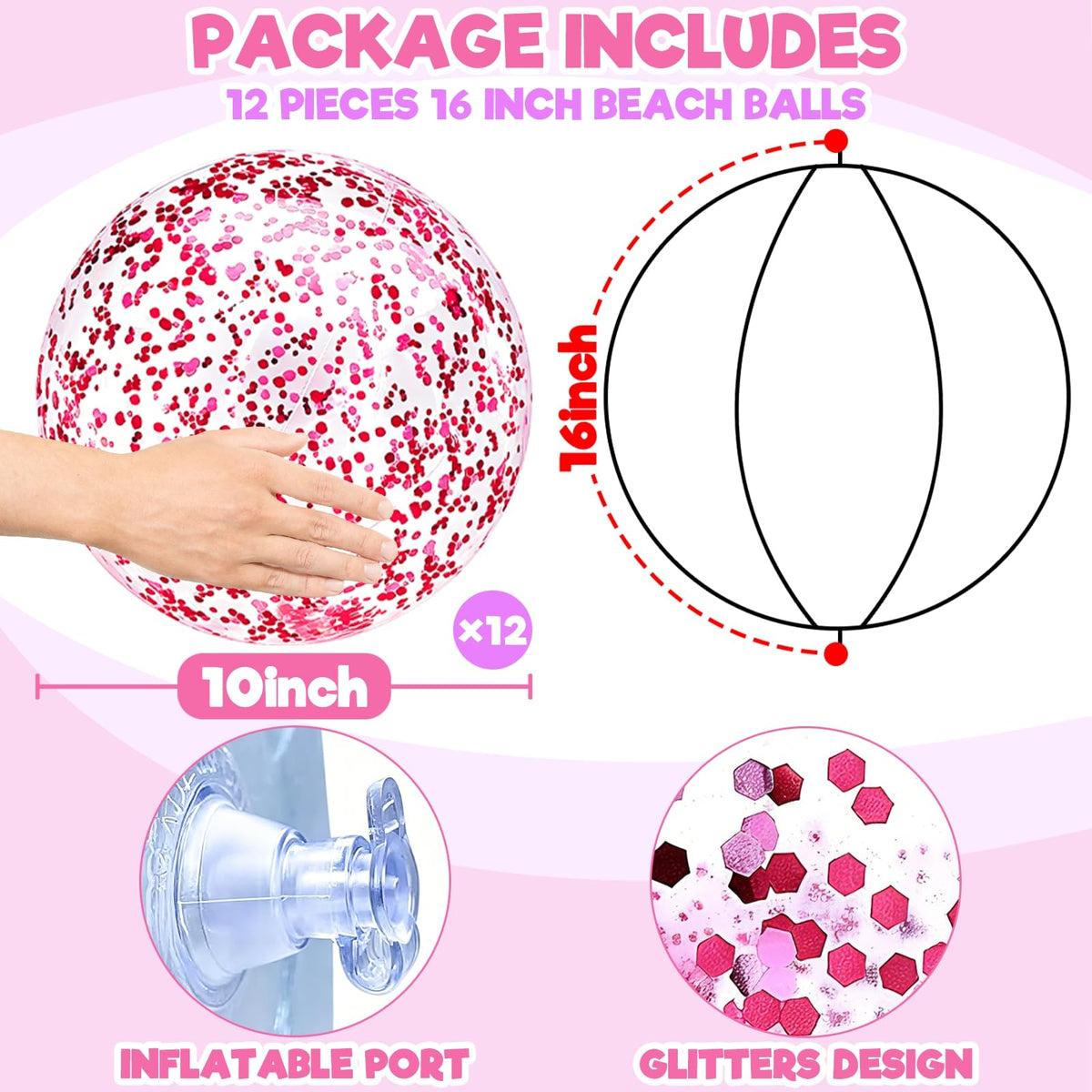 Close up of a sixteen inch transparent pink beach ball showing the internal shiny glitter confetti.