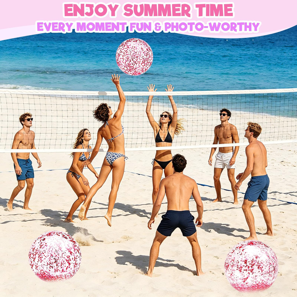 Turnmeon glitter pool toys bulk pack scattered on a sandy beach under sunny skies.