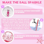 Durable pink glitter inflatable balls being used for summer water games by adults.